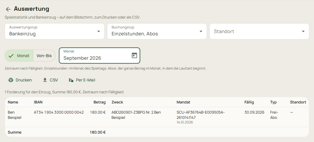 Auswertung Bankeinzug mit Monat, den Knöpfen CSV und Per E-Mail und einer Forderungszeile.