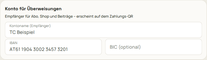 Karte Konto für Überweisungen mit Kontoname, IBAN und BIC.