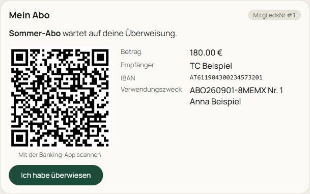 Karte Mein Abo mit QR-Code, Betrag, Empfänger, IBAN, Verwendungszweck und dem Knopf Ich habe überwiesen.
