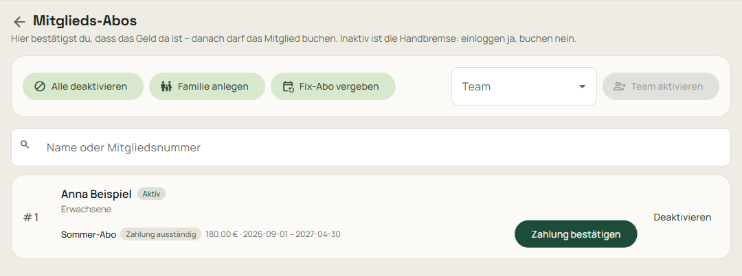 Verwaltung Mitglieds-Abos mit dem Knopf Fix-Abo vergeben und einer offenen Zahlung.