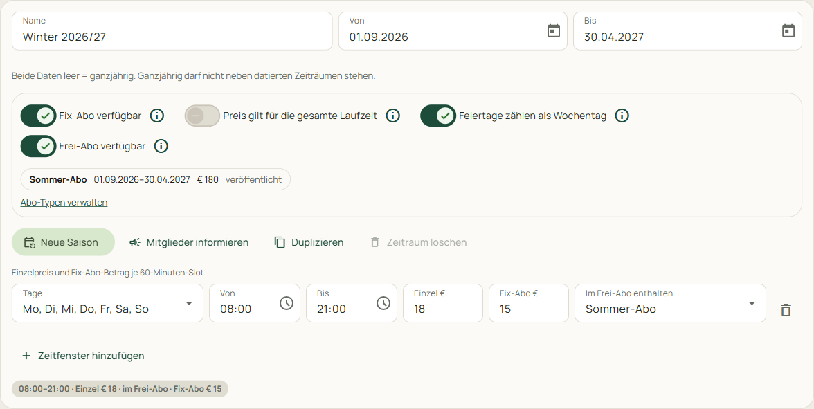 Zeitraum mit den Schaltern Fix-Abo verfügbar und Flex-Abo verfügbar und den Preisspalten Einzelpreis und Fix-Abo.